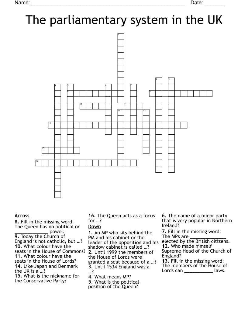 The parliamentary system in the UK Crossword