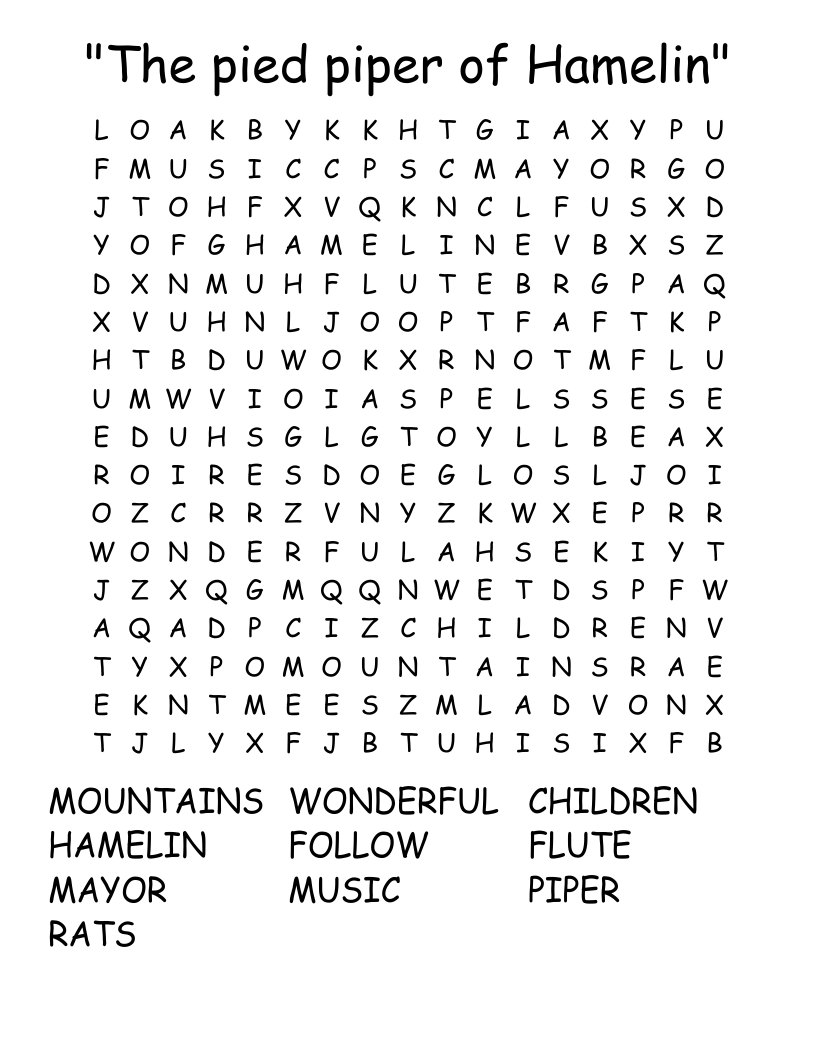 "The pied piper of Hamelin" Word Search