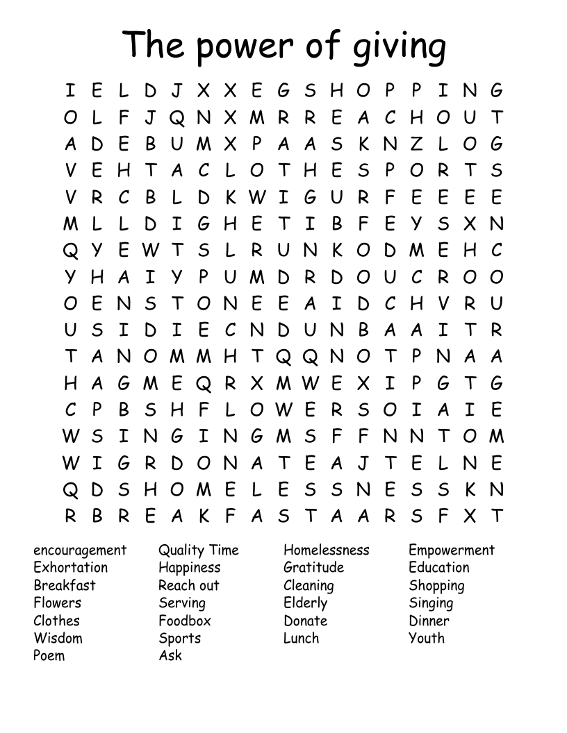 The power of giving Word Search