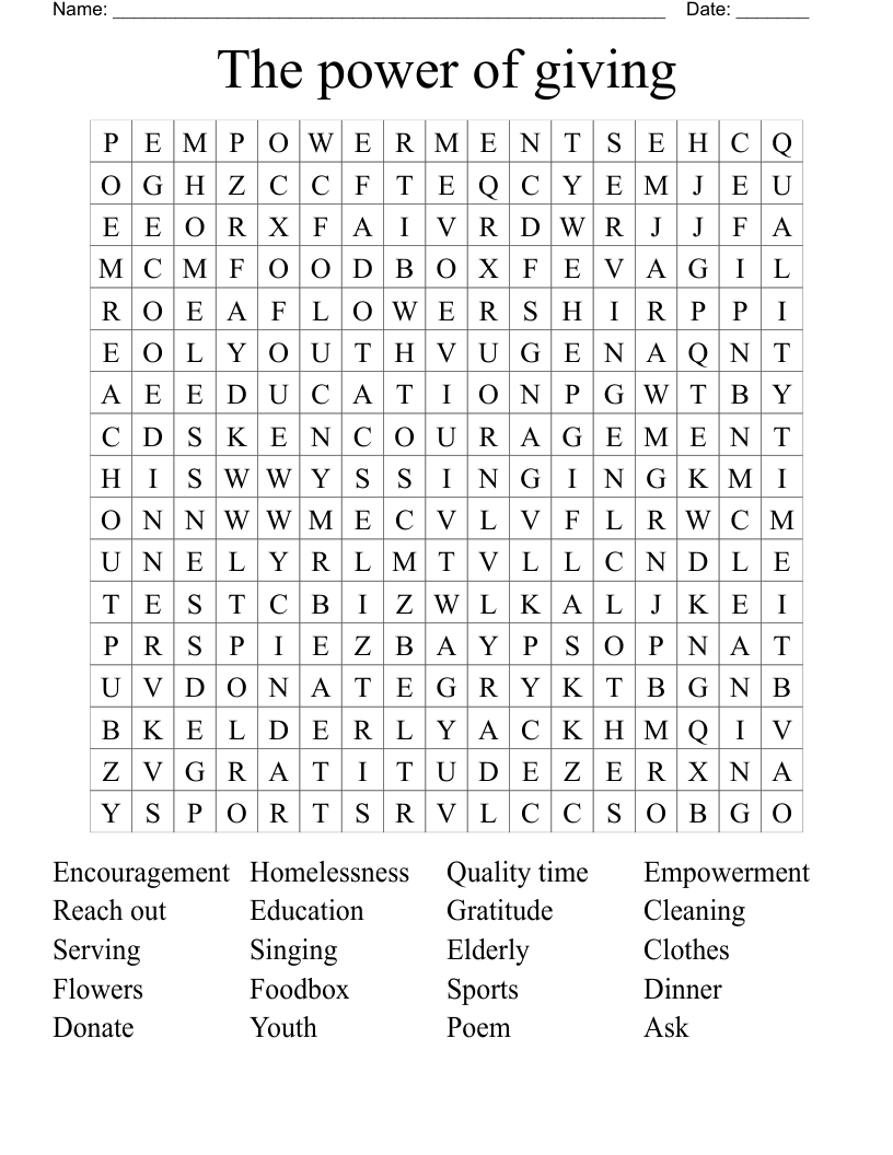 The power of giving Word Search