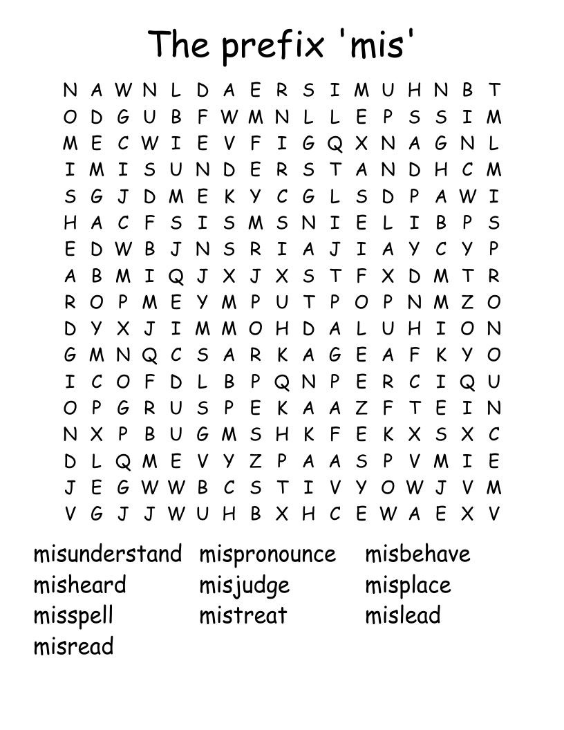 The prefix 'mis' Word Search