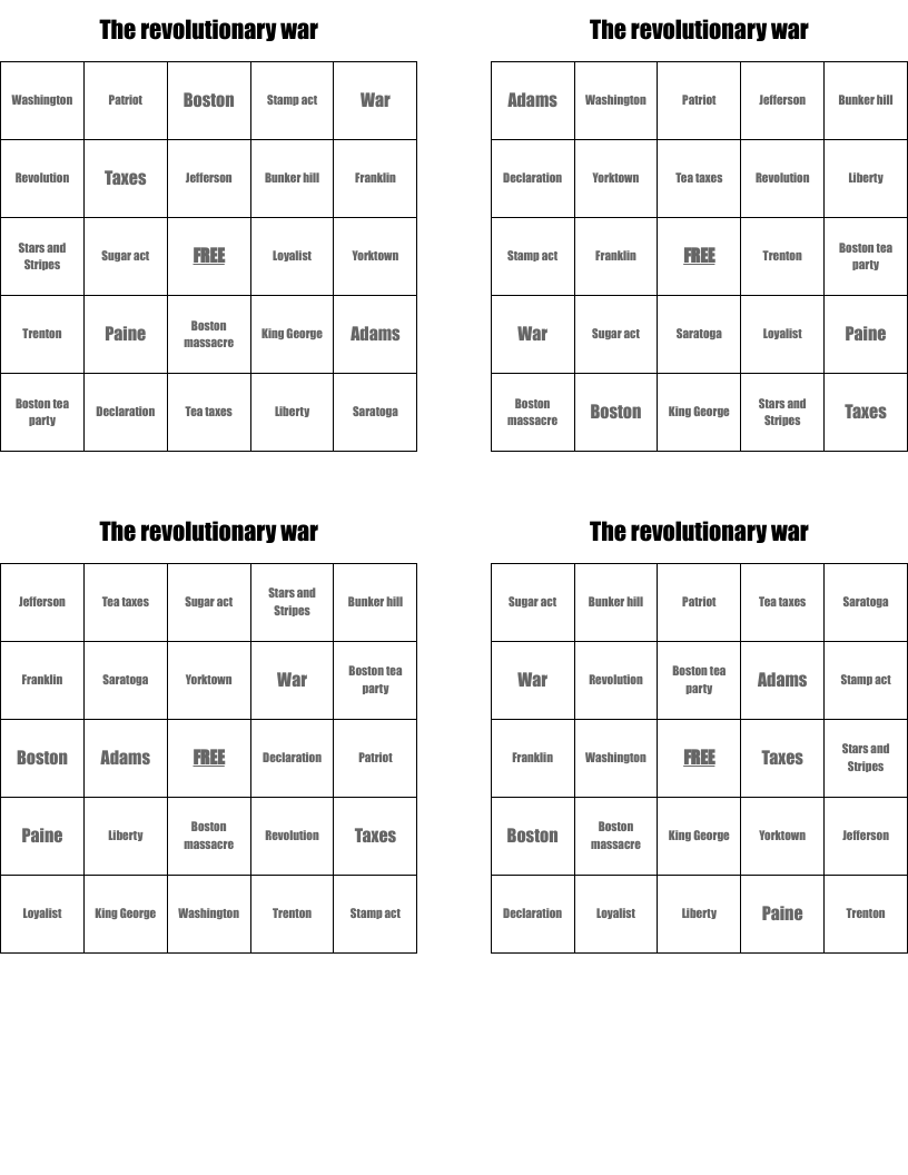 The revolutionary war  Bingo Cards