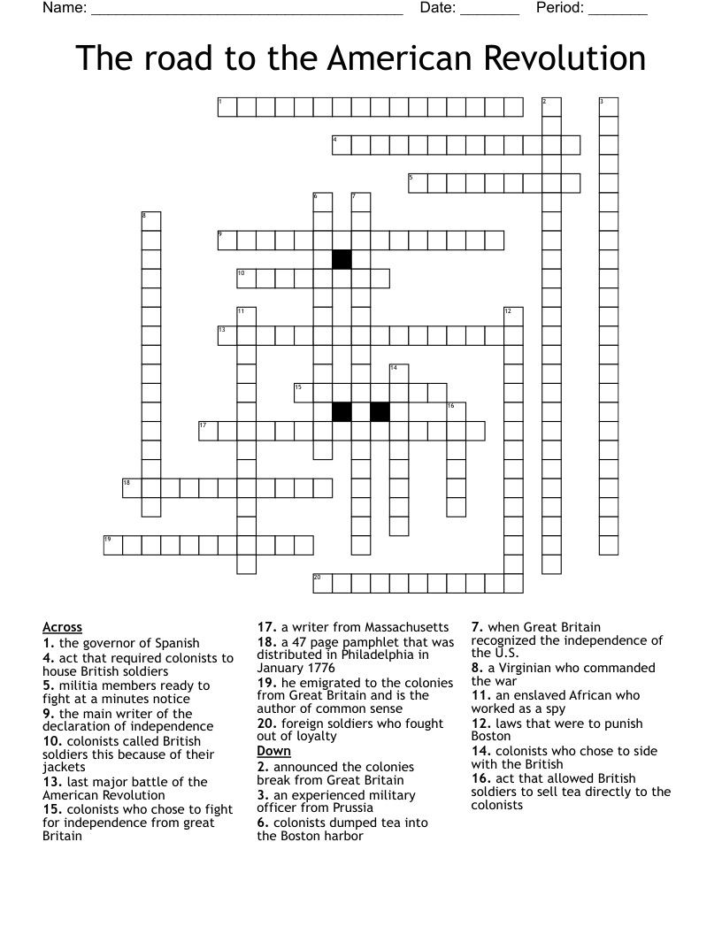 The road to the American Revolution Crossword