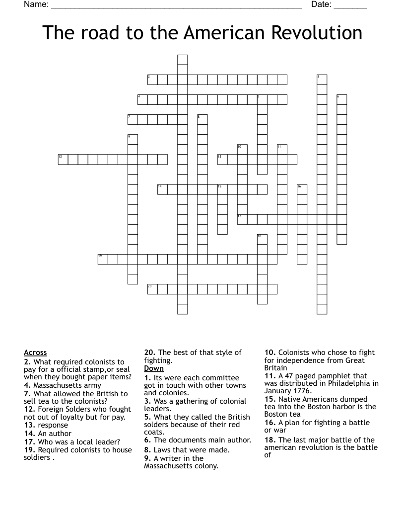 The road to the American Revolution Crossword