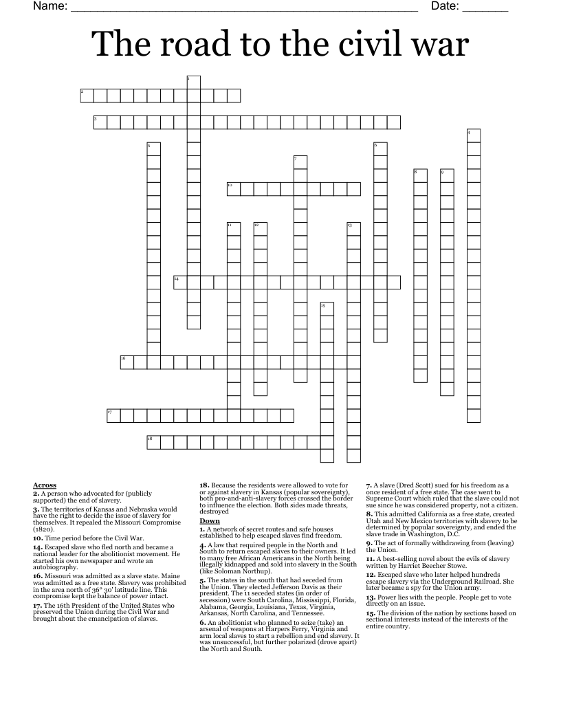 The road to the civil war  Crossword