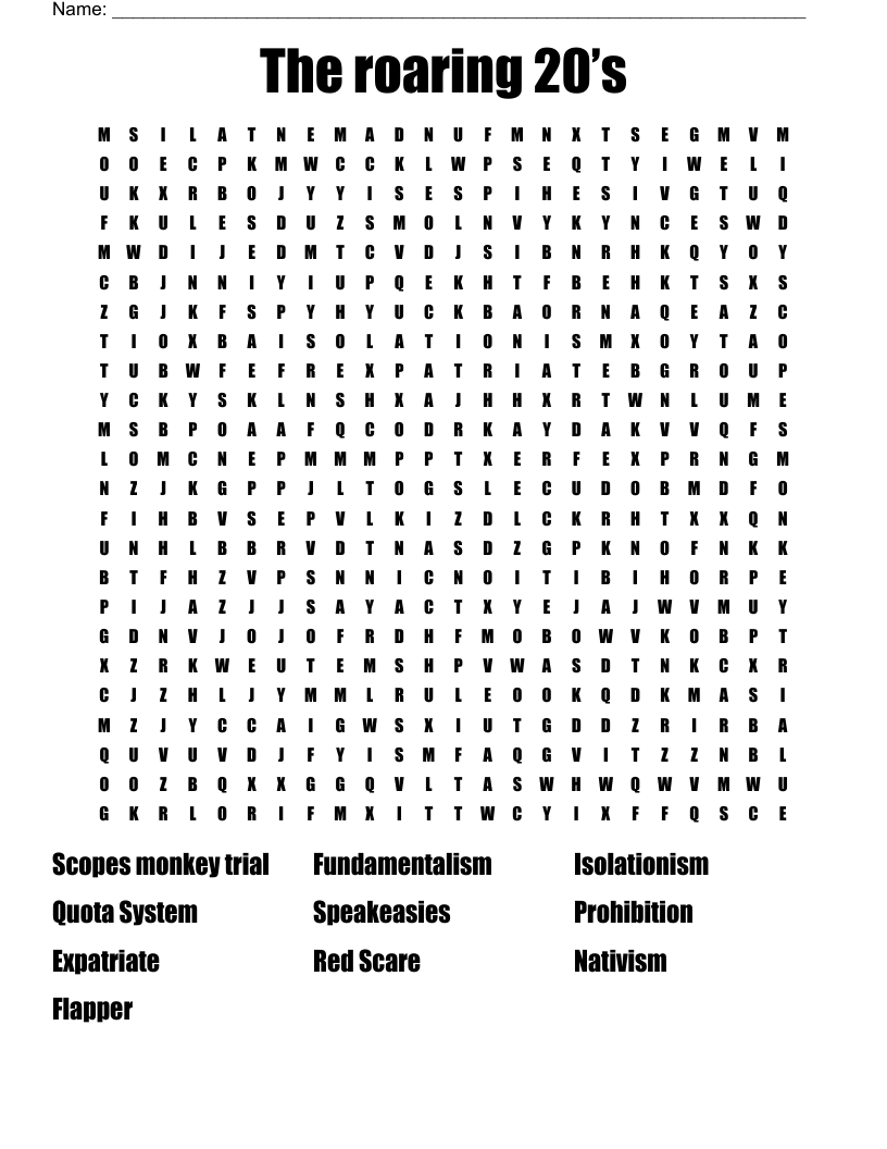 The roaring 20’s Word Search