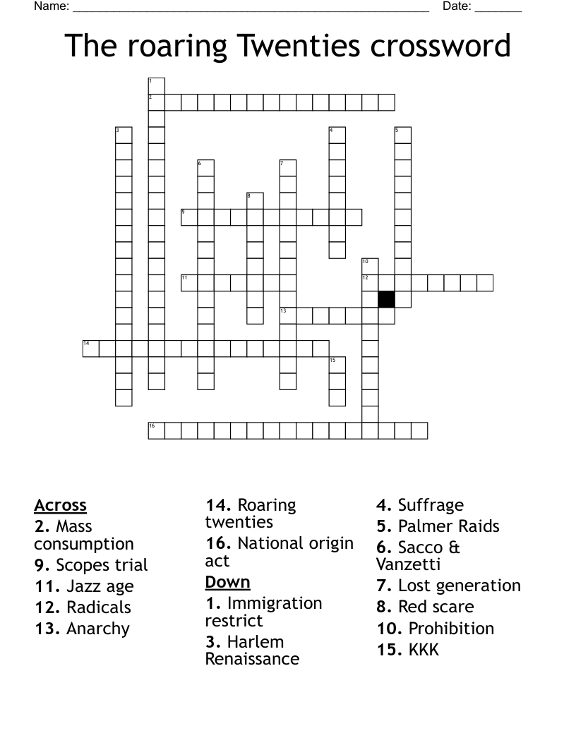 The roaring Twenties crossword 