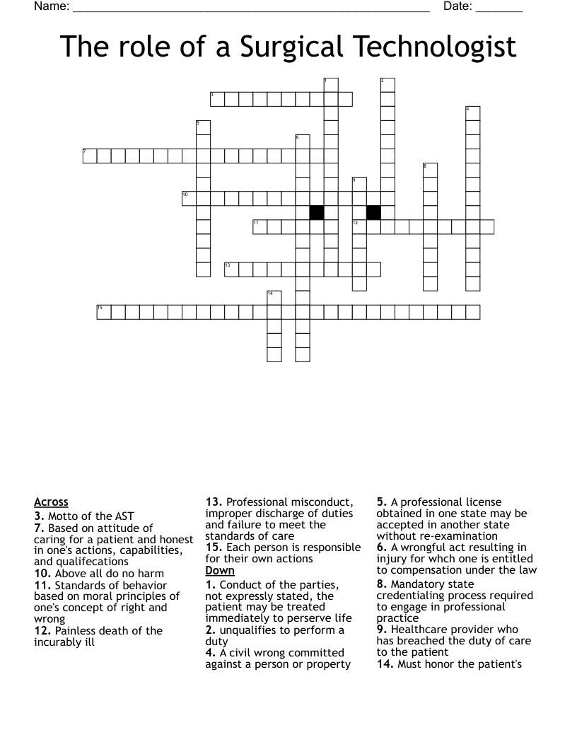 The role of a Surgical Technologist Crossword