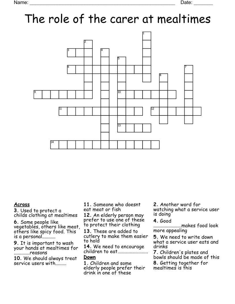 The role of the carer at mealtimes Crossword