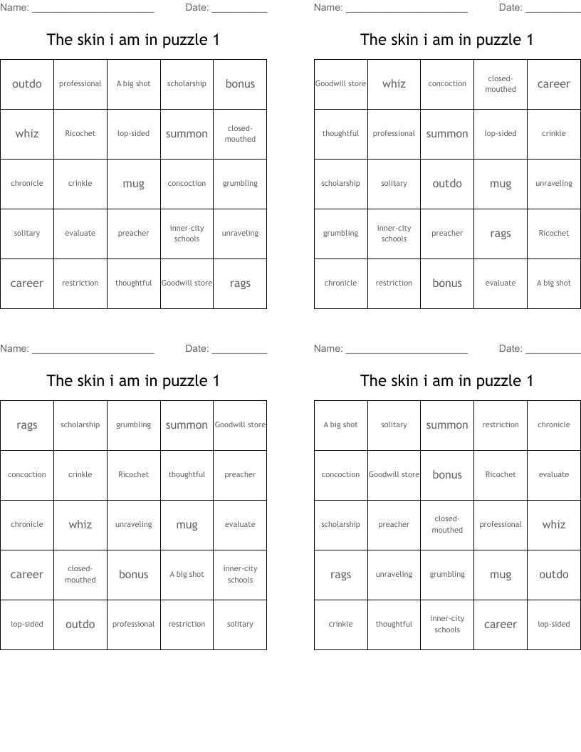 The skin i am in puzzle 1 Bingo Cards