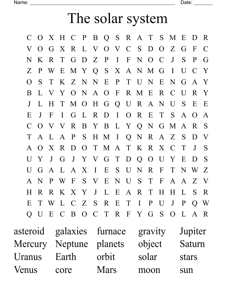The solar system Word Search