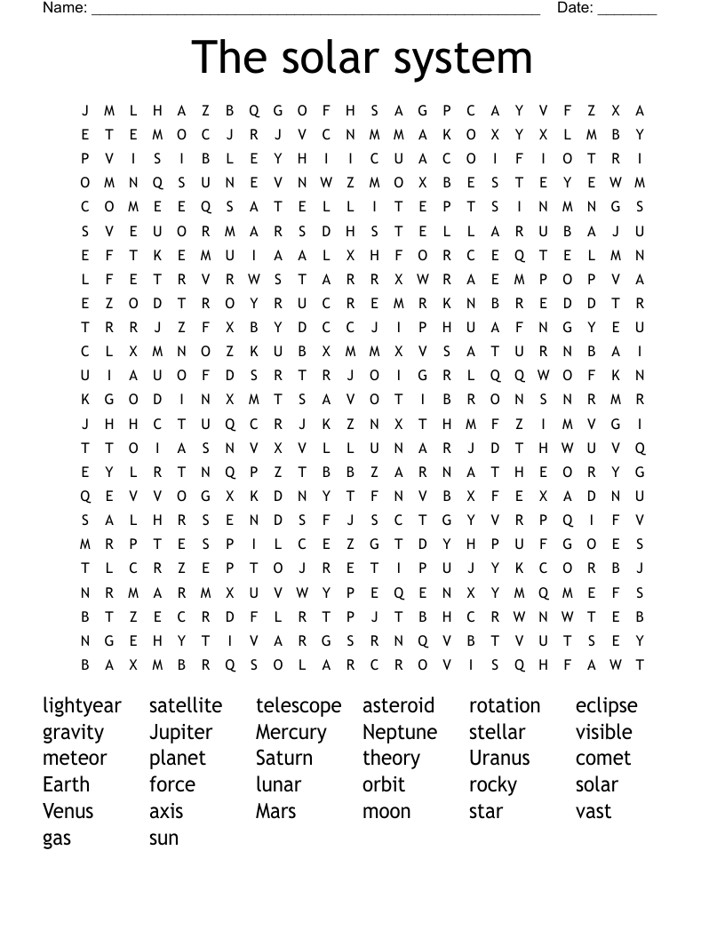 The solar system Word Search