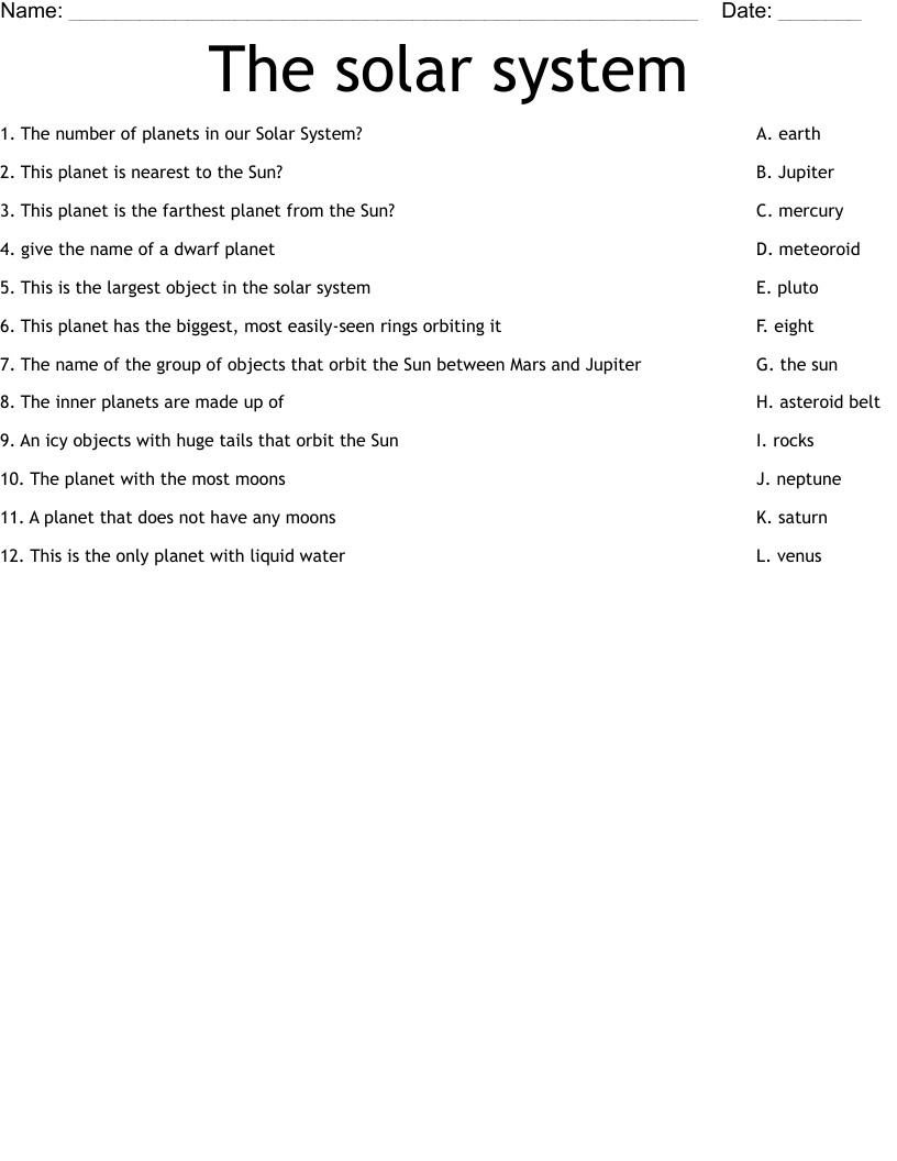 The solar system Worksheet