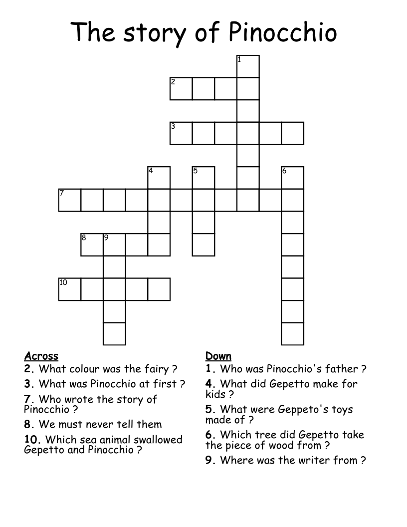 The story of Pinocchio Crossword
