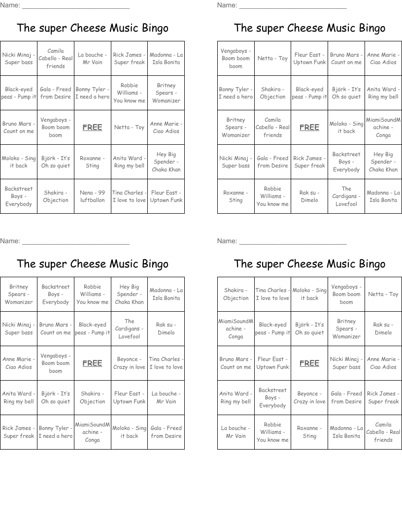 The super Cheese Music Bingo