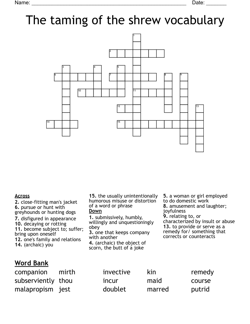 The taming of the shrew vocabulary Crossword
