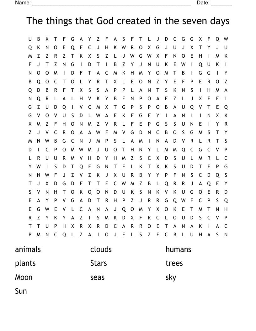 The things that God created in the seven days Word Search