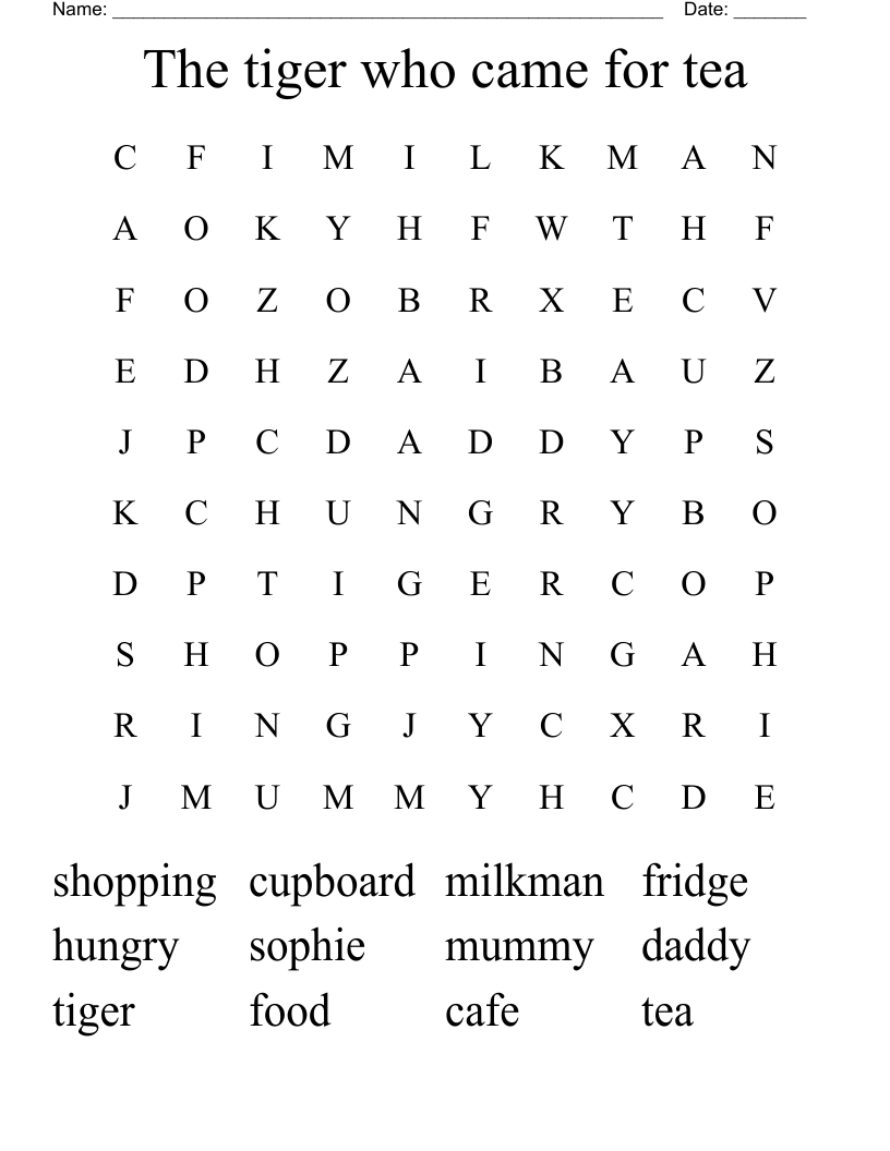 The tiger who came for tea Word Search