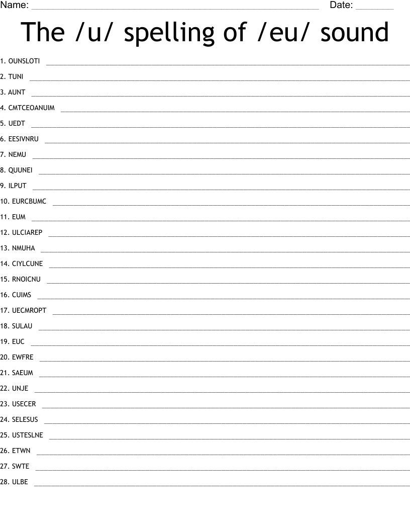 The /u/ spelling of /eu/ sound Word Scramble