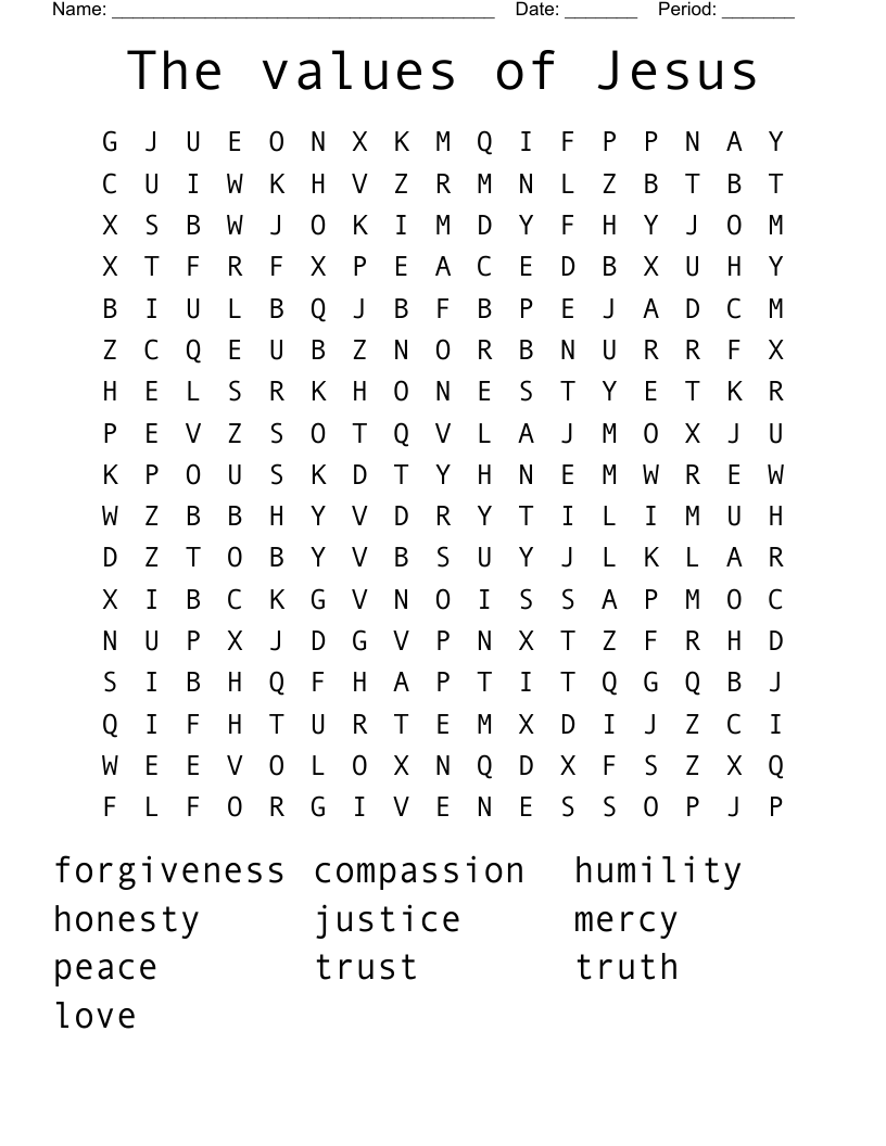 The values of Jesus Word Search
