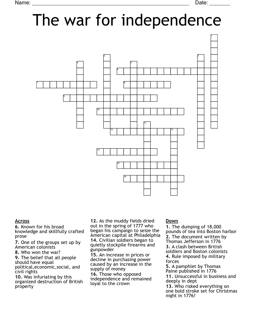 The war for independence  Crossword