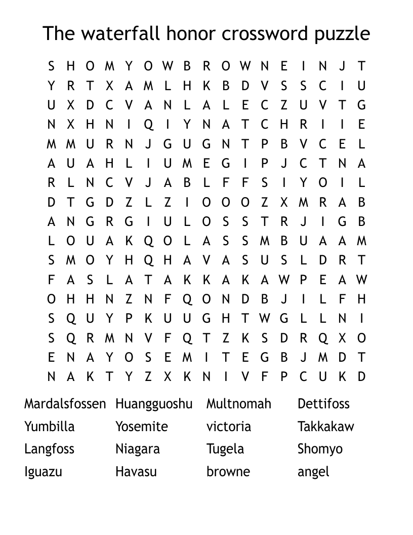 The waterfall honor crossword puzzle Word Search