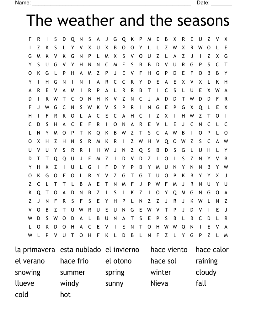 The weather and the seasons Word Search