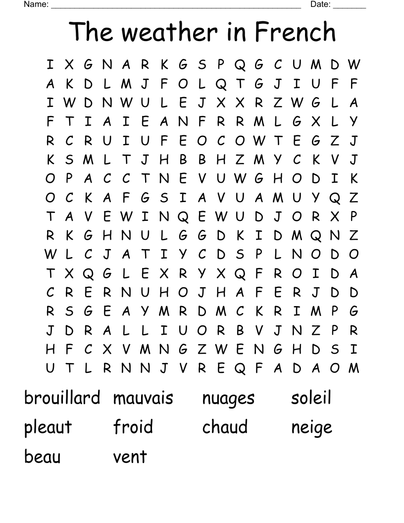 The weather in French Word Search