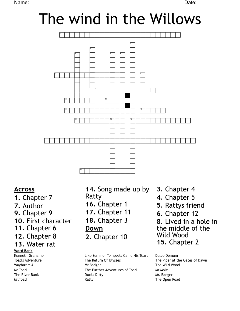 The wind in the Willows  Crossword