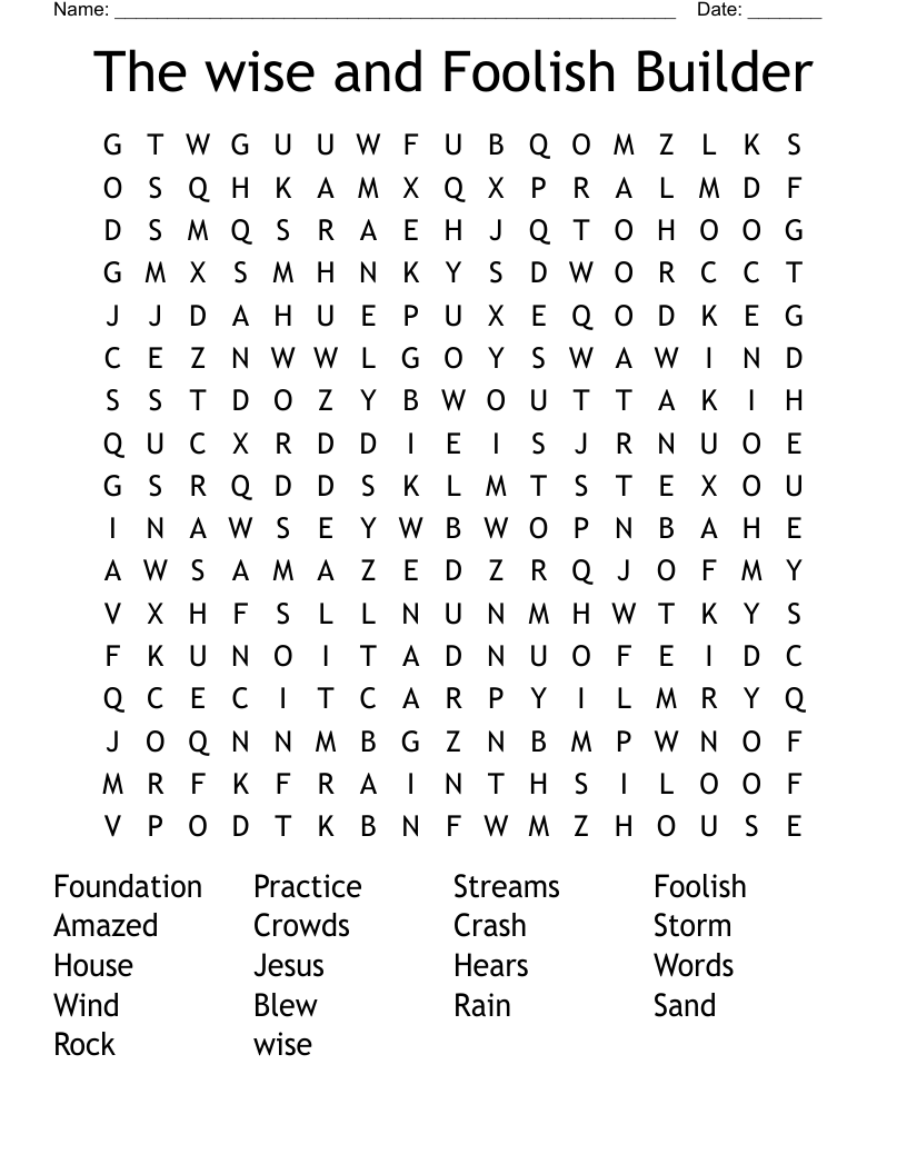 The wise and Foolish Builder Word Search