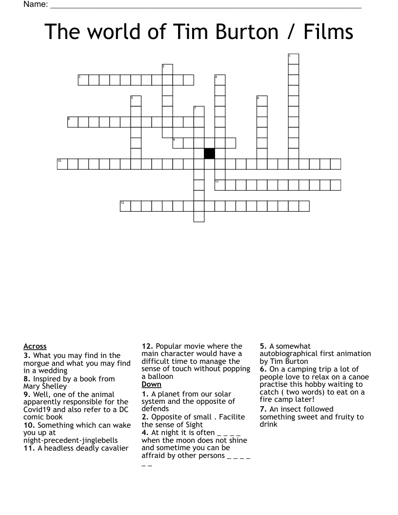 The world of Tim Burton / Films  Crossword