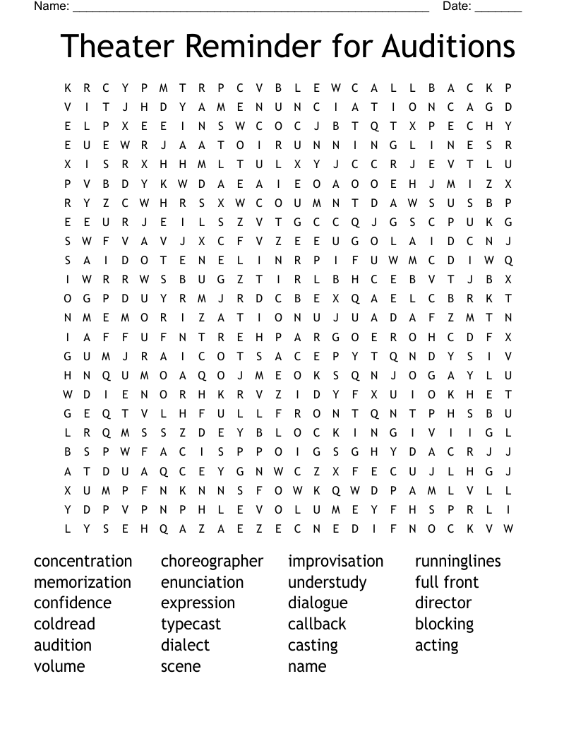 Theater Reminder for Auditions Word Search