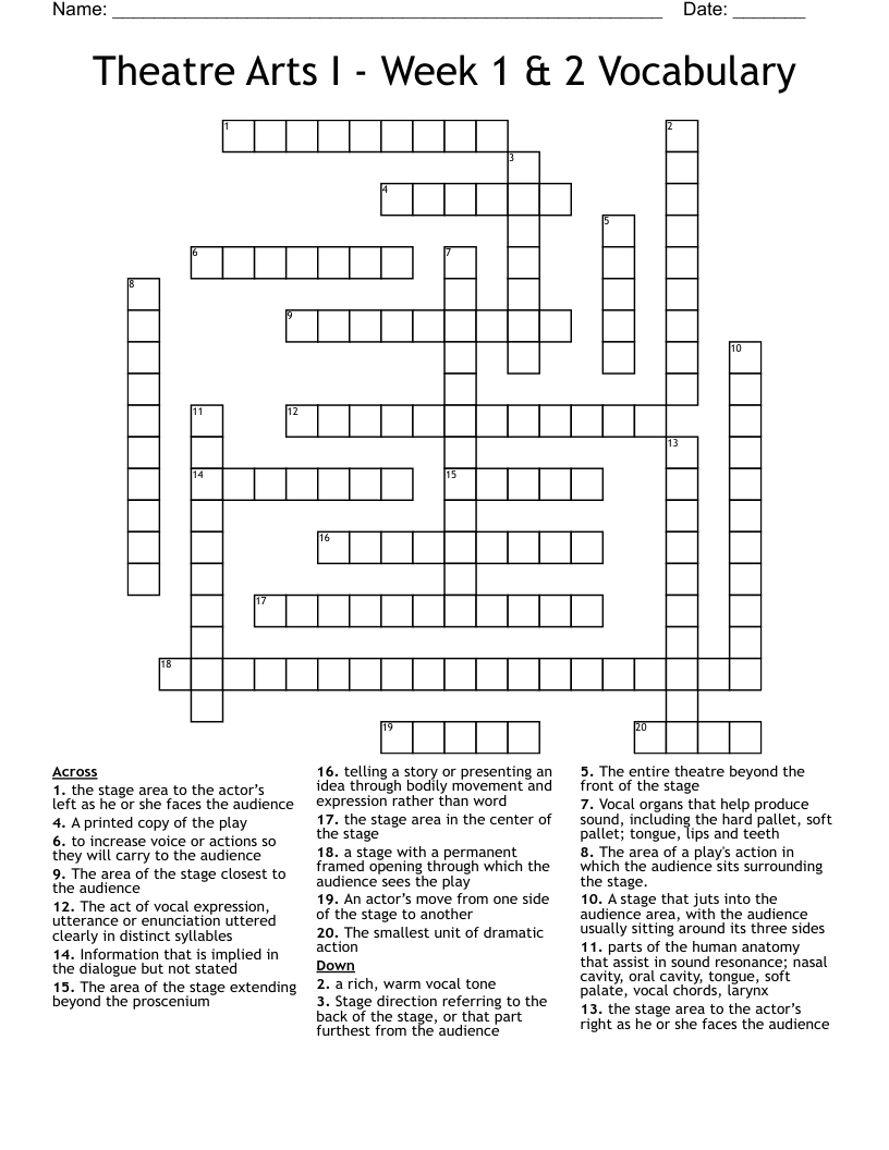 Theatre Arts I - Week 1 & 2 Vocabulary Crossword