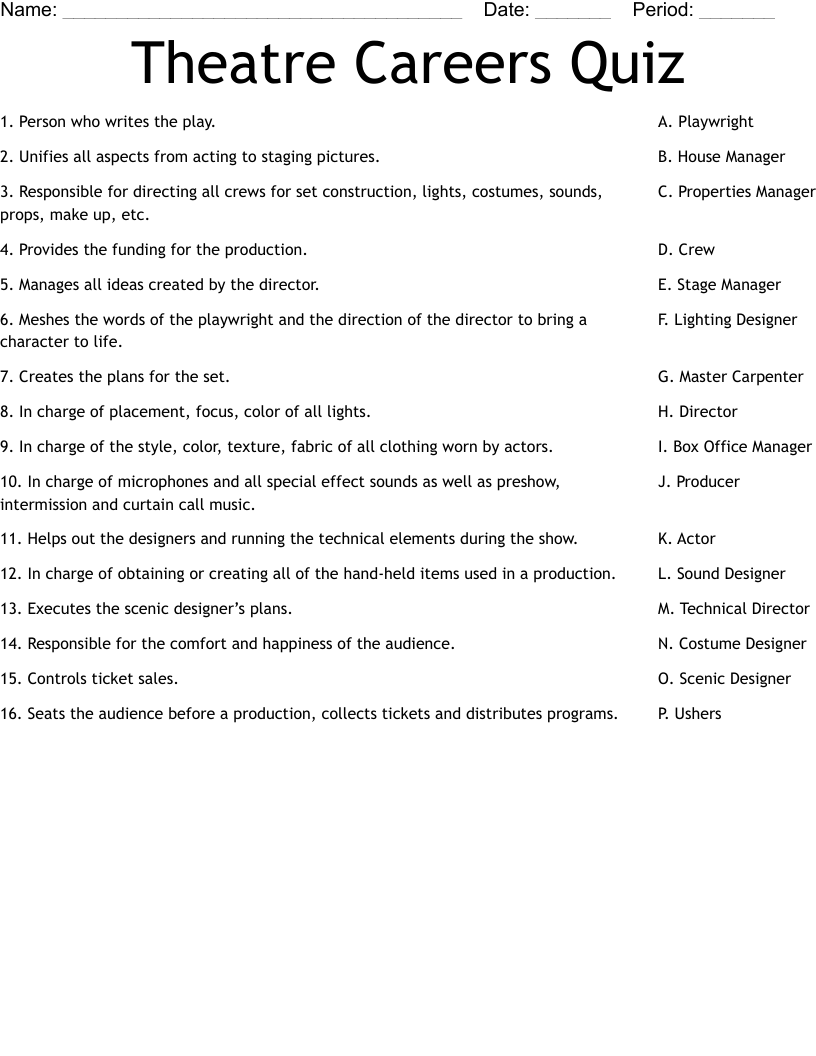Theatre Careers Quiz Worksheet