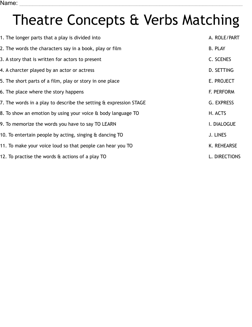 Theatre Concepts & Verbs Matching Worksheet