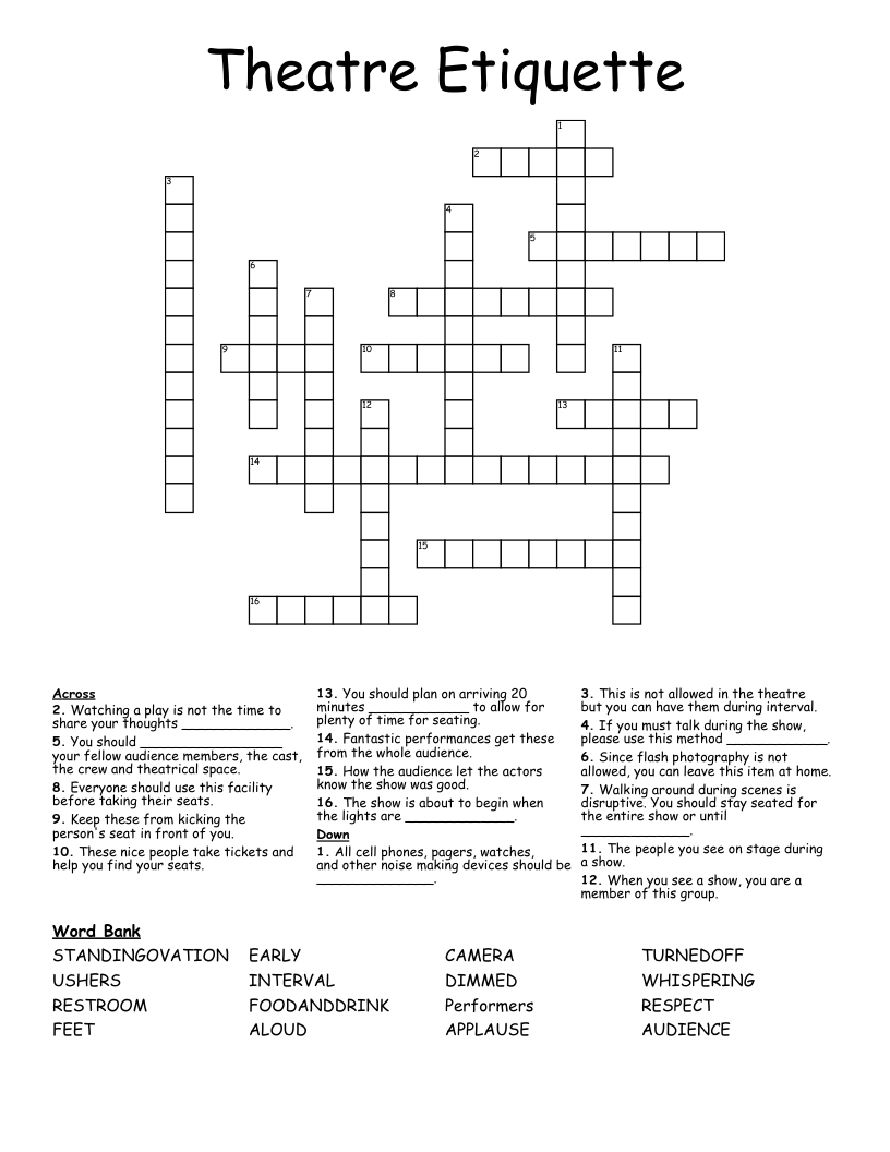 Theatre Etiquette Crossword