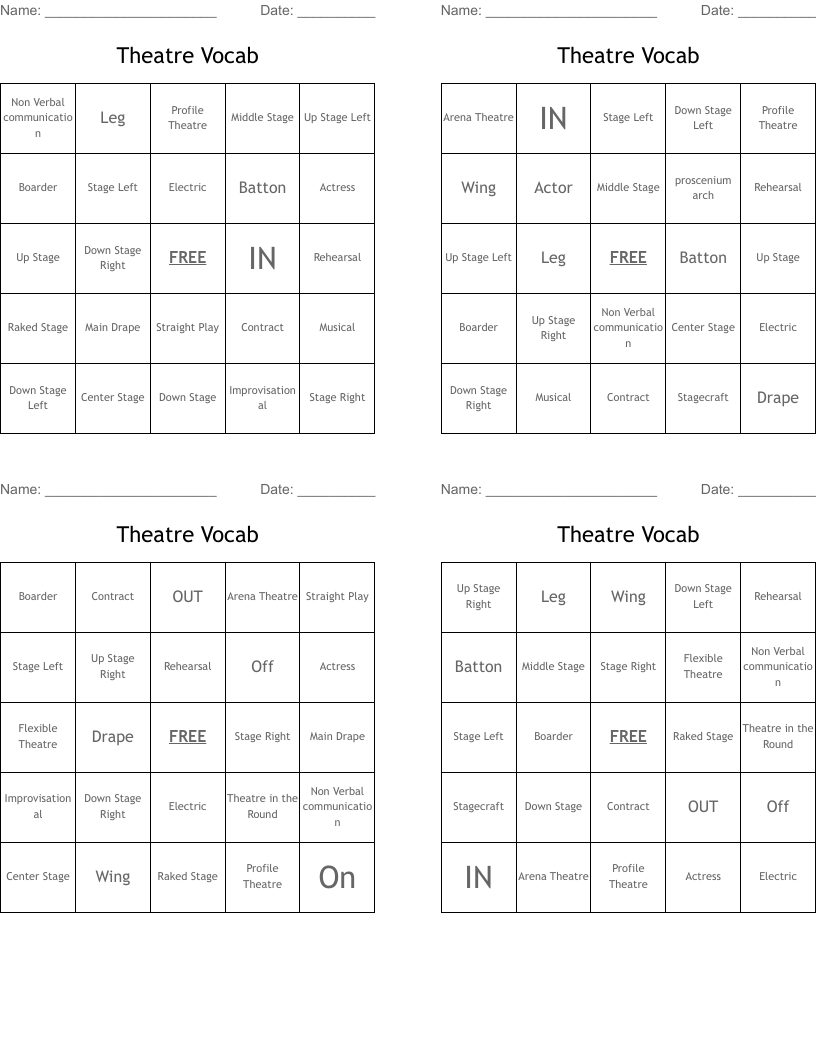 Theatre Vocab Bingo Cards