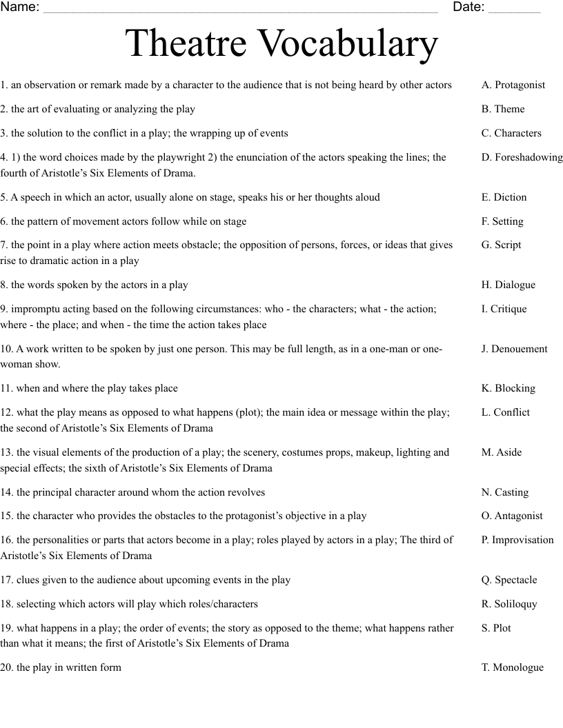 Theatre Vocabulary Worksheet