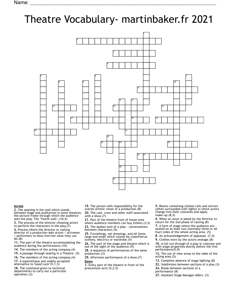 Theatre Vocabulary- martinbaker.fr 2021 Crossword