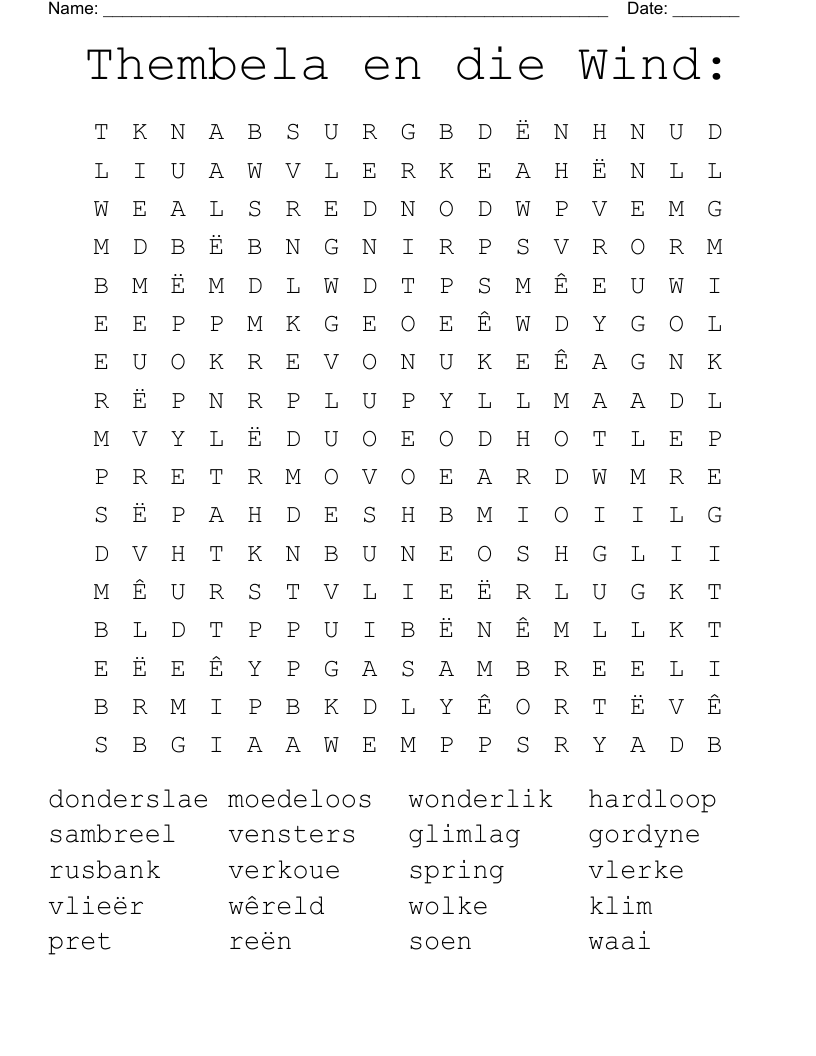 Thembela en die Wind: Word Search