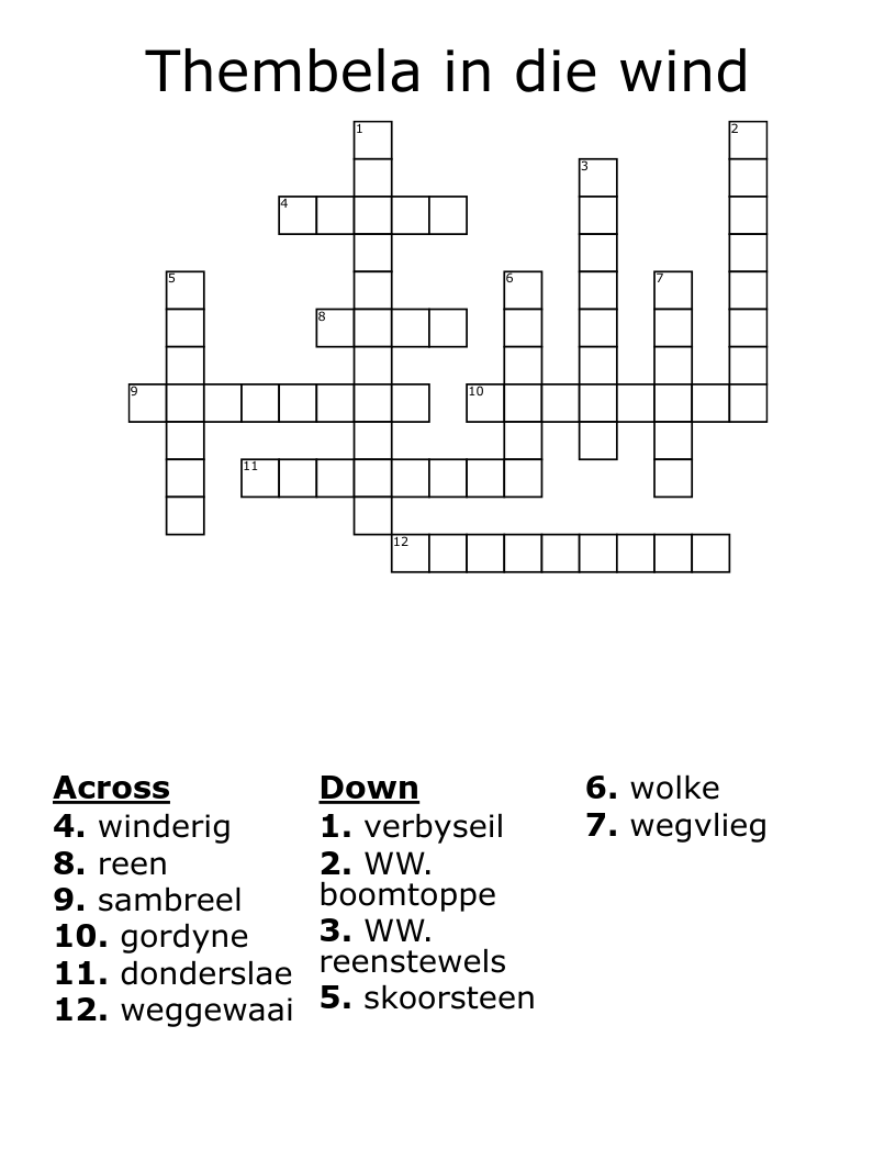 Thembela in die wind Crossword