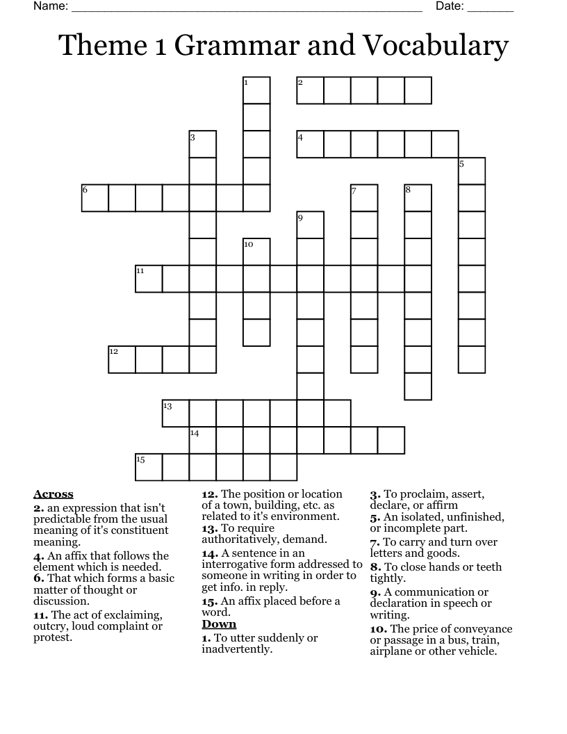Theme 1 Grammar and Vocabulary Crossword