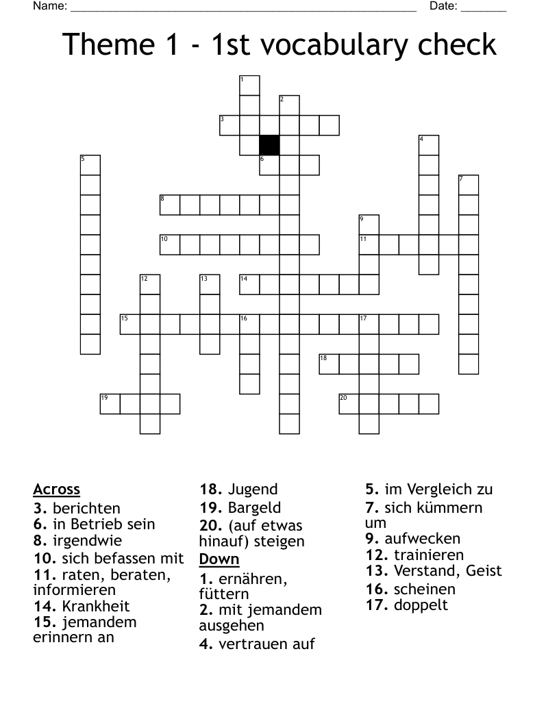 Theme 1  - 1st vocabulary check Crossword
