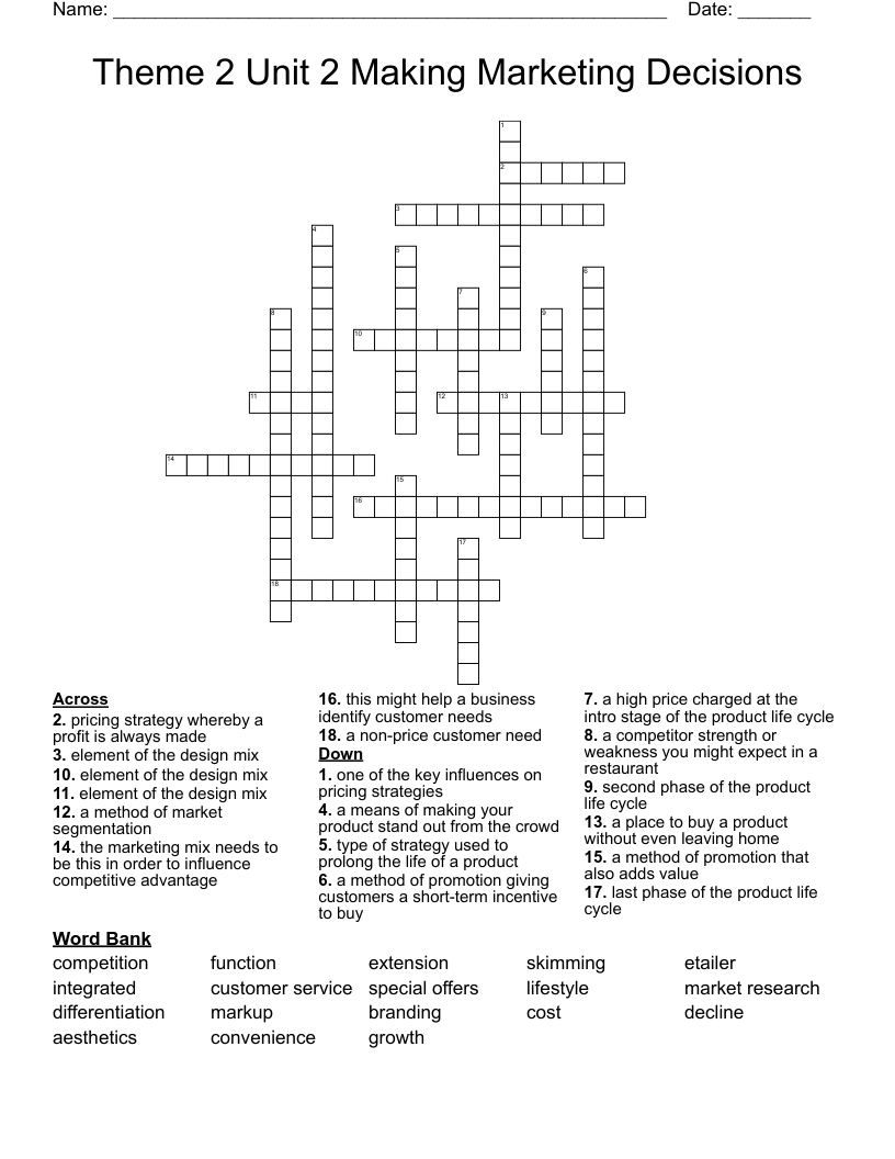Theme 2 Unit 2 Making Marketing Decisions Crossword
