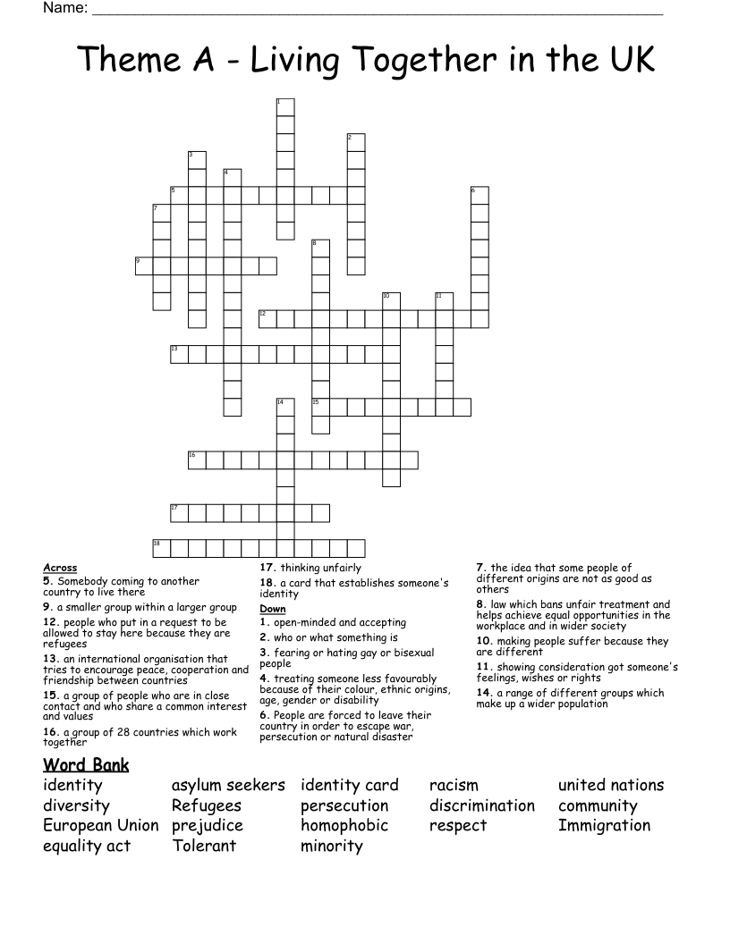 Theme A - Living Together in the UK Crossword