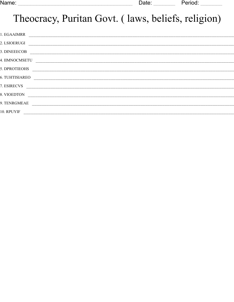 Theocracy, Puritan Govt. ( laws, beliefs, religion)  Word Scramble