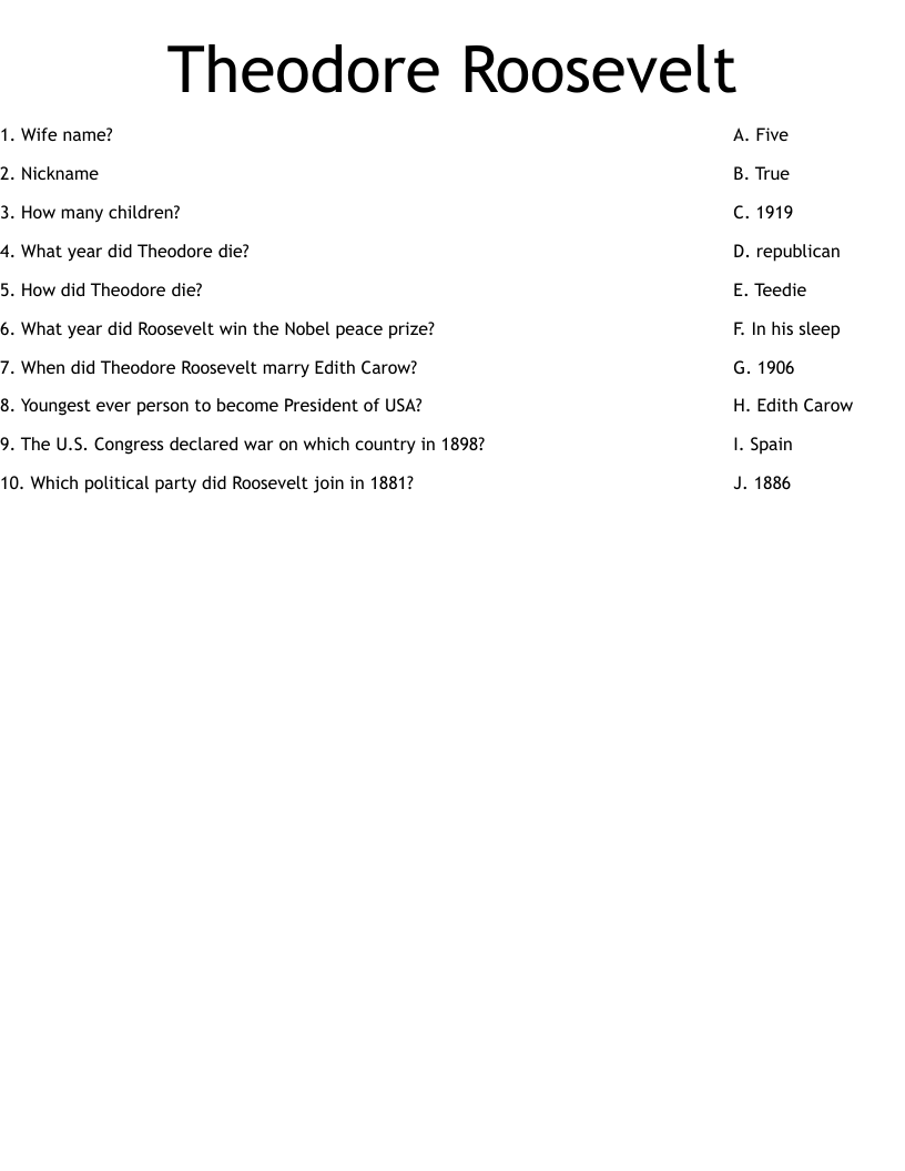 Theodore Roosevelt Worksheet