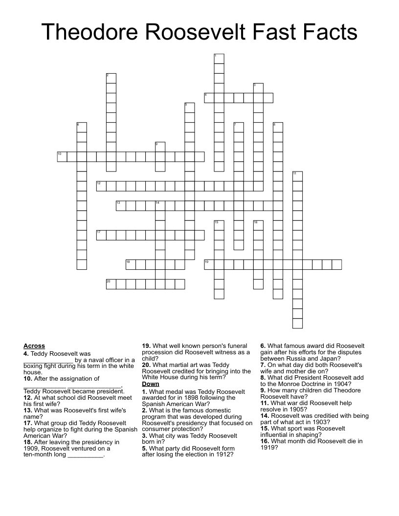Theodore Roosevelt Fast Facts Crossword
