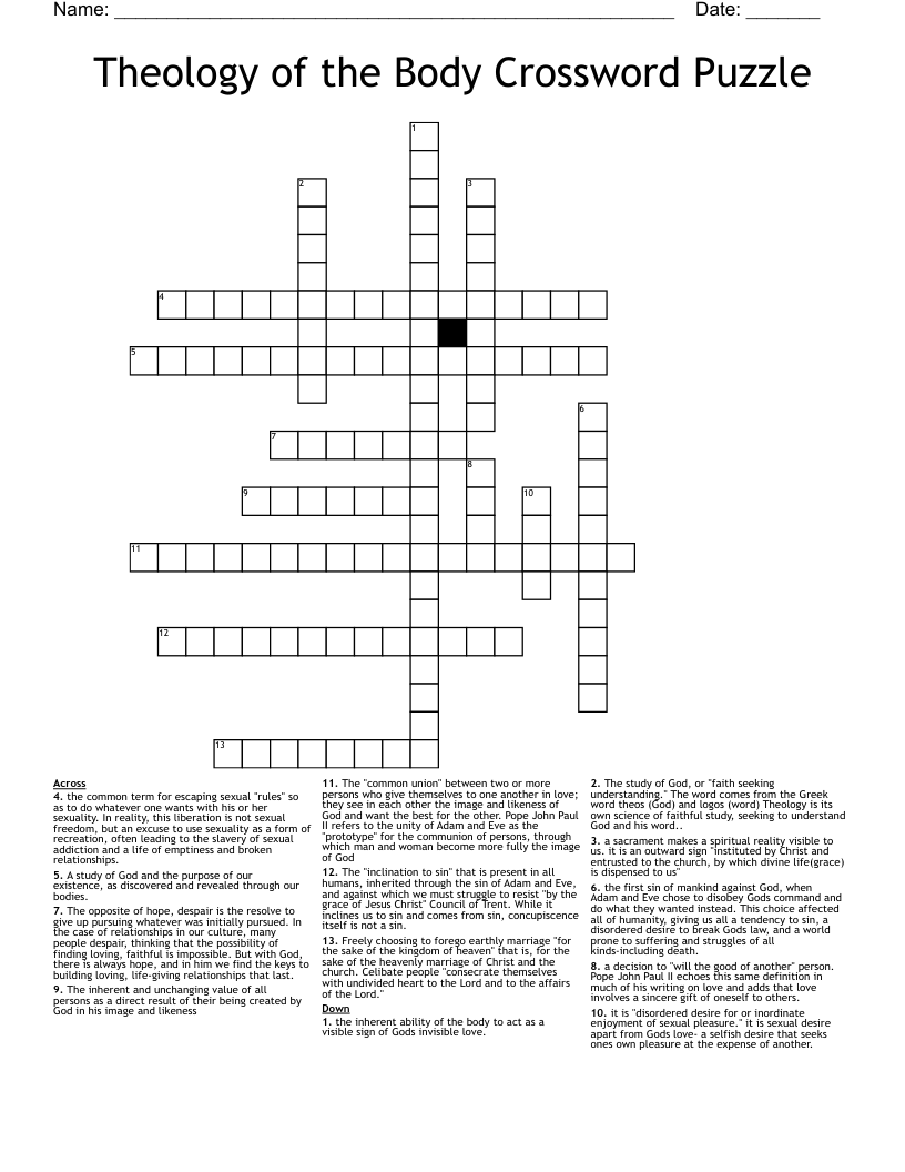 Theology of the Body Crossword Puzzle