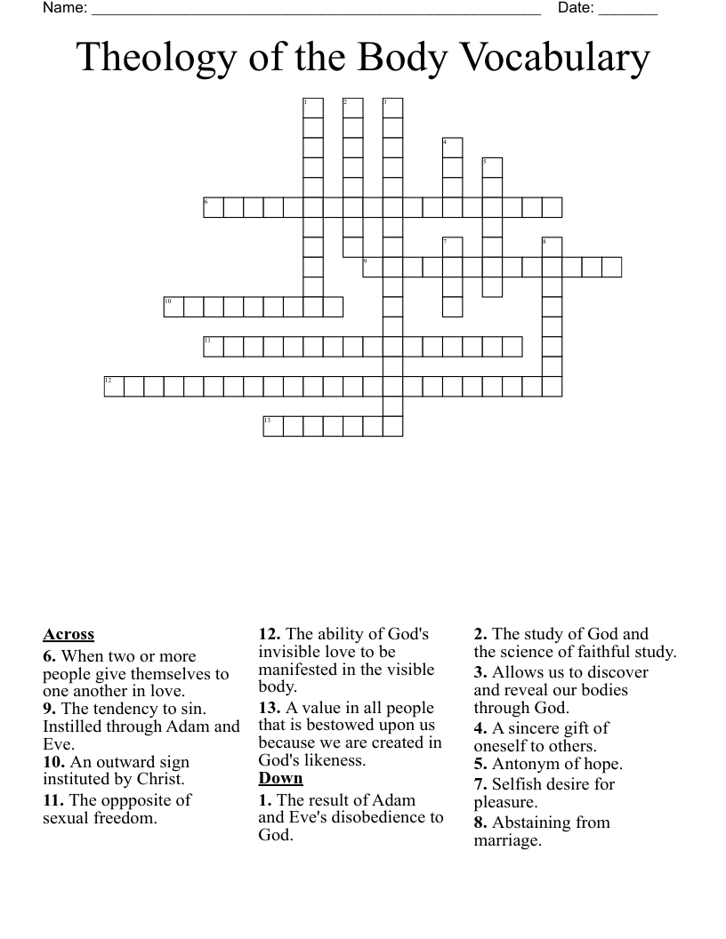 Theology of the Body Vocabulary Crossword